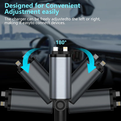 120 W ,12-24V,Retractable Type C/Type A 4 in 1 Car Charger Compatible with iPhone/Android Super Fast Charging Adapter with USB C Cable