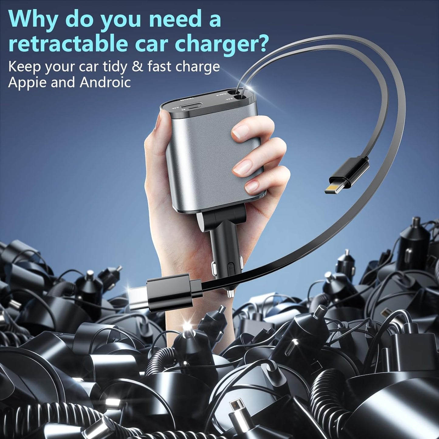 120 W ,12-24V,Retractable Type C/Type A 4 in 1 Car Charger Compatible with iPhone/Android Super Fast Charging Adapter with USB C Cable